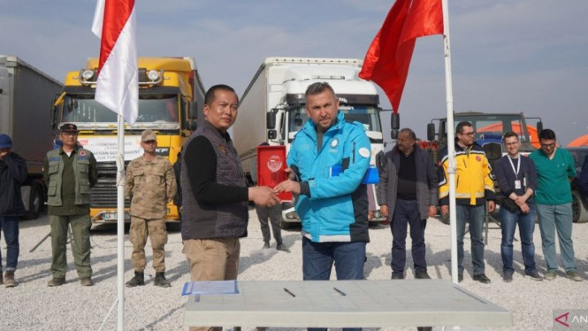 Acara serah terima Rumah Sakit Lapangan Indonesia kepada pemerintah Turki di Kota Hassa, Provinsi Hatay, Turki.