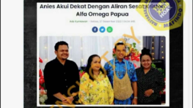 Jepretan layar (screenshot) sebuah unggahan di media sosial Twitter menampilkan hasil tangkapan layar dari artikel berita yang berjudul “Anies Akui Dekat Dengan Aliran Sesat Kristen Alfa Omega Papua”.