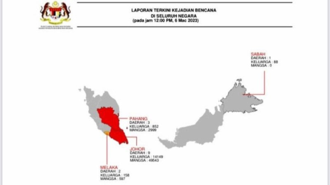Tangkapan layar peta wilayah terdampak bencana di Malaysia dikeluarkan NDCC, NADMA, Senin (6/3), pukul 12.00.