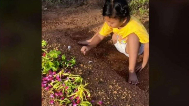 Gadis Kecil Curhat di Samping Makam Bapaknya