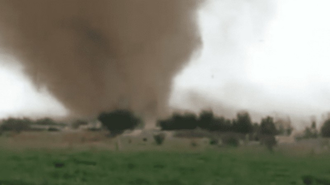 Tangkapan layar video  tornado pasir besar menghantam gurun kota Taif di Arab Sa