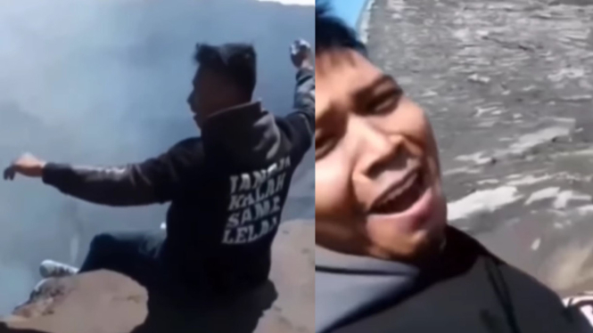 Vira Video Aksi Pemuda Duduk Selonjoran di Tepi Kawah Gunung Bromo