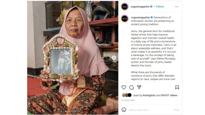 Majalah mode Amerika Serikat Vogue mengulas tradisi minum jamu di Indonesia