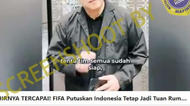 Jepretan layar (screenshot) video dari halaman Facebook bernama Lensa Olahraga dengan klaim narasi yang menyatakan bahwa FIFA memutuskan Indonesia tetap menjadi tuan rumah Piala Dunia U-20 tahun 2023.