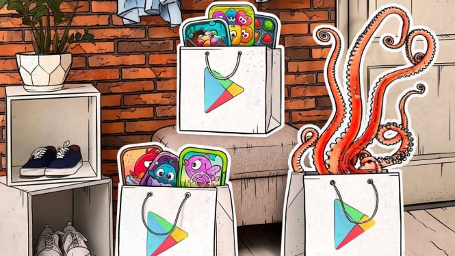 Ilustrasi trojan yang bersarang di Google Play Store. 