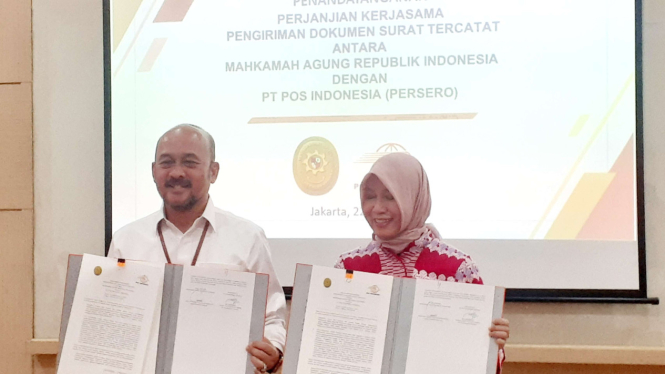 PT Pos Indonesia menandatangani kerja sama dengan Mahkamah Agung (MA) dalam hal pengiriman dokumen surat tercatat dari semua instansi peradilan di bawah MA.