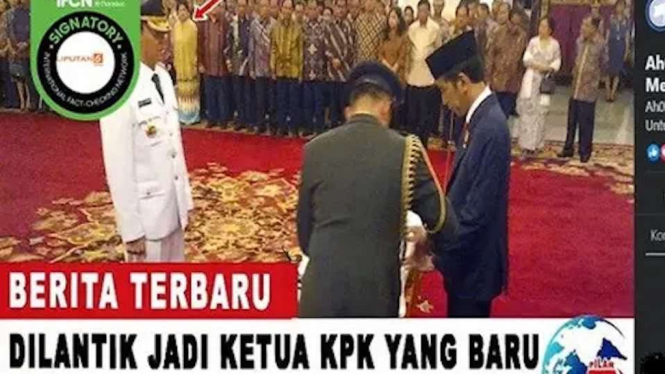 Jepretan layar (screenshot) sebuah video yang diklaim sebagai sosok Basuki Tjahaja Purnama atau Ahok dilantik Presiden Jokowi jadi Ketua Komisi Pemberantasan Korupsi (KPK) yang baru beredar di media sosial.