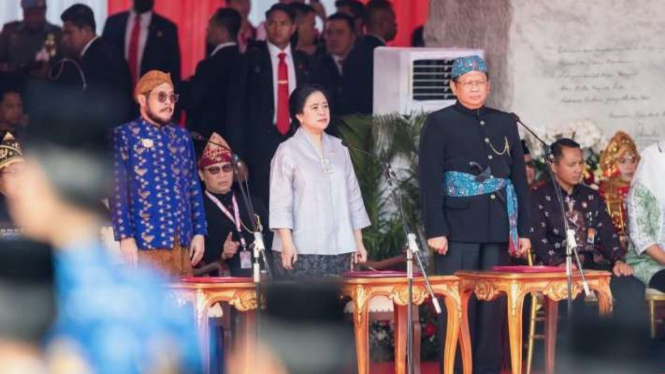Ketua DPR RI Puan Maharani dalam Upacara Peringatan Hari Lahir Pancasila yang jatuh setiap tanggal 1 Juni di Lapangan Monumen Nasional (Monas), Jakarta Pusat, Kamis, 1 Mei 2023.