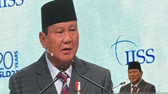 Menteri Pertahanan Prabowo Subianto saat menjadi panelis dalam Pertemuan Shangri-La Dialogue di Singapura, Sabtu, 3 Juni 2023.