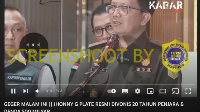 Jepretan layar (screenshot) akun Youtube mengunggah sebuah video dengan klaim bahwa Jhonny G Plate, tersangka kasus penggelapan dana pembangunan BTS 4G, resmi divonis hukuman penjara selama 20 penjara dan denda Rp500 miliar.