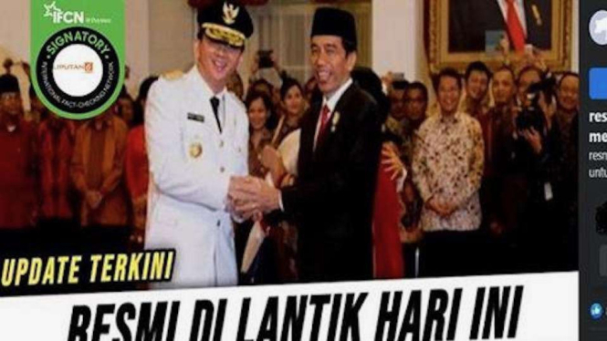 Jepretan layar (screenshot) sebuah video yang diklaim Presiden Jokowi melantik Basuki Tjahaja Purnama atau Ahok sebagai Kepala Otorita Ibu Kota Negara (IKN) Nusantara beredar di media sosial.