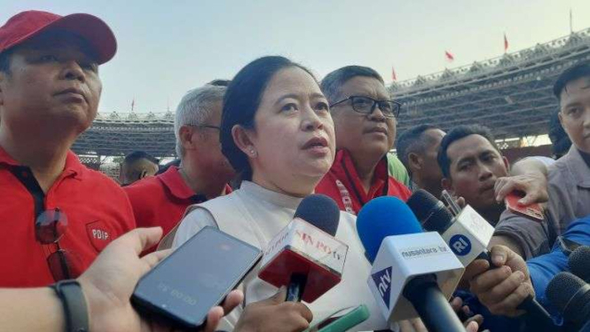 Ketua DPP PDI Perjuangan Puan Maharani saat geladi kotor puncak peringatan Bulan Bung Karno di Stadion Gelora Bung Karno (GBK), Jakarta, Kamis, 22 Juni 2023.