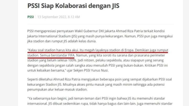 Pernyataan di situs PSSI mengenai rumput di JIS