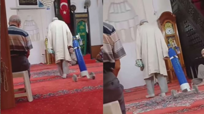 Viral Seorang Lansia Lakukan Sholat di Masjid dengan Membawa Oksigen
