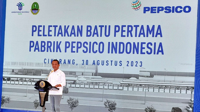 Menteri Investasi Bahlil Lahadalia saat acara Groundbreaking atau peletakan batu pertama Pabrik PepsiCo Indonesia dengan Investasi Senilai Rp 3,04 triliun.