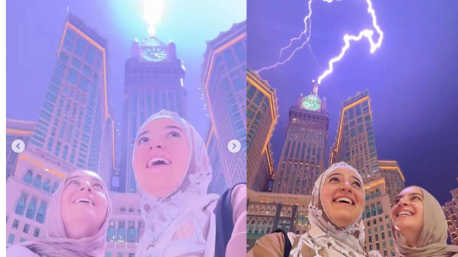 2 Muslimah Ini Abadikan Selfie dengan Petir yang Menyambar Makkah Clock