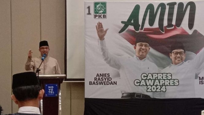 Bakal calon presiden Anies Baswedan saat silaturahim dengan PKB Sumatera Selatan, di Hotel Novotel, Palembang, pada Senin, 11 September 2023.