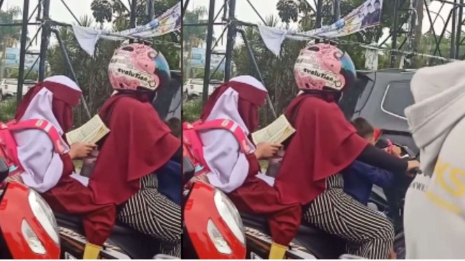 Anak Sekolah Dasar Fokus Baca Quran Saat Dibonceng Motor
