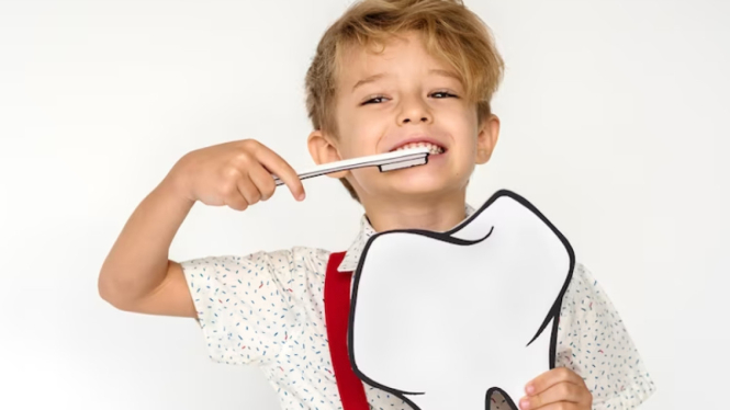 Ilustrasi anak menyikat gigi.