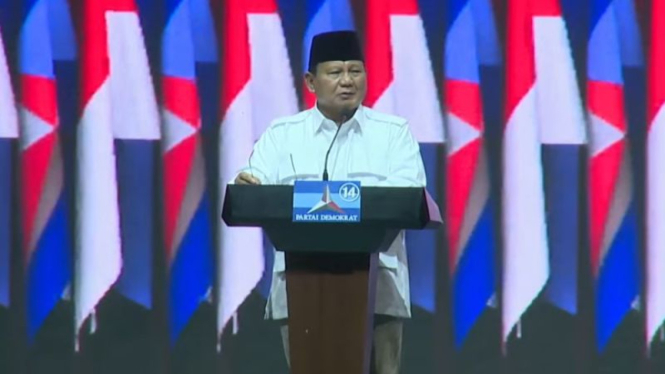 Bacapres Prabowo Subianto saat Rapimnas Demokrat di JCC, Senayan.