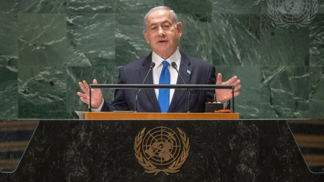 Perdana Menteri Israel Benjamin Netanyahu dalam Sidang ke-78 Majelis Umum PBB di New York, AS.