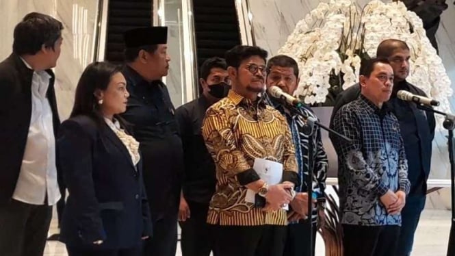 Menteri Pertanian Syahrul Yasin Limpo saat jumpa pers di kantor Nasdem