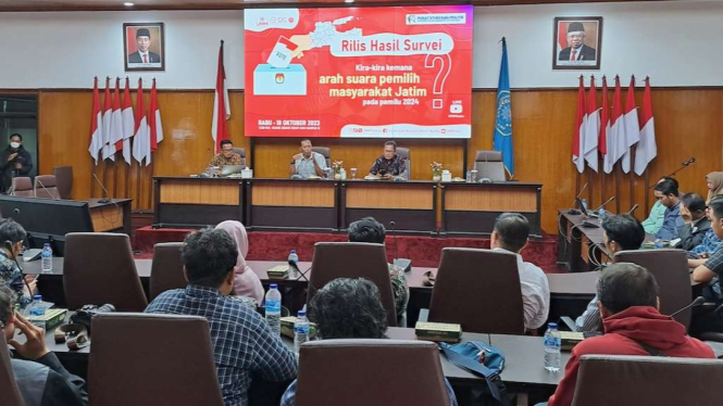 Pemaparan survei opini publik Jawa Timur yang dilakukan oleh Pusat Studi Ilmu Politik Universitas Muhammadiyah Malang di Malang, Rabu, 18 Oktober 2023.