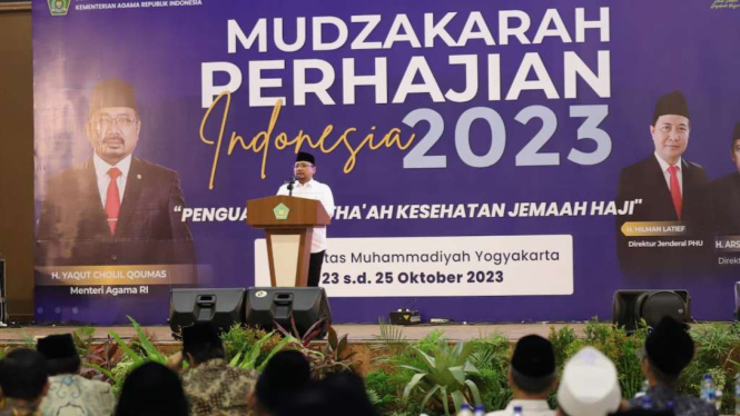 Menteri Agama Yaqut Cholil Qoumas membuka Mudzakarah Perhajian Indonesia 2023/1445 yang digelar Direktorat Jenderal Penyelenggaraan Haji dan Umrah di kampus Universitas Muhammadiyah Yogyakarta (UMY), Senin, 23 Oktober 2023.