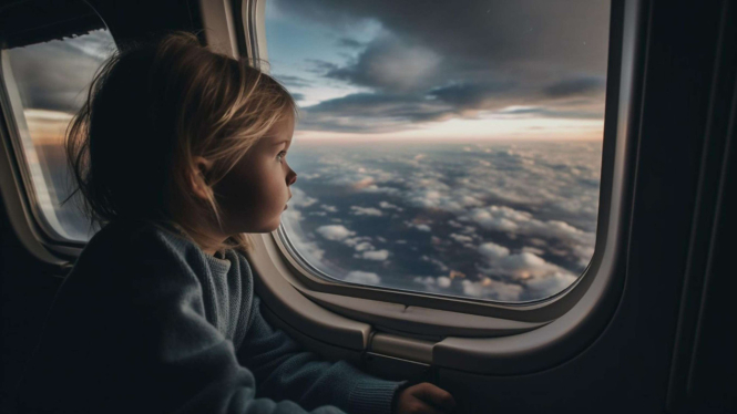 Anak kecil naik pesawat.