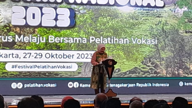 Menaker Ida Fauziyah dalam gelaran Job Fair Nasional dan Festival Pelatihan Vokasi (FPV) 2023 di JI-Expo, Kemayoran.