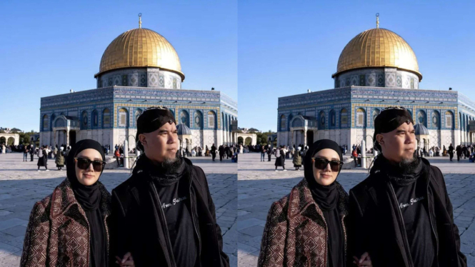 Mulan Jameela dan Ahmad Dhani di depan Masjid Al-Aqsa