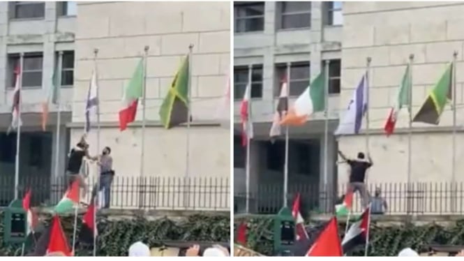 Demonstran Pro-Palestina robek bendera Israel 