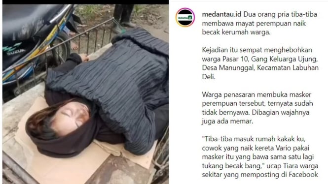 Viral! Dua Pria Bawa Mayat Wanita Gunakan Becak Bak Terbuka di Deli Serdang, Sumatera Utara.
