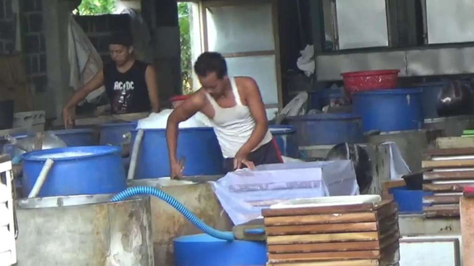 Sejumlah pekerja di pabrik produsen tahu sedang bekerja mengolah kedelai menjadi tahu di Desa Sumbermulyo, Kecamatan Jogoroto, Kabupaten Jombang, Jawa Timur, Senin, 13 November 2023.