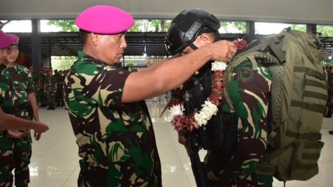 VIVA Militer: Dankormar sambut kedatangan prajurit Satgas Damai Cartenz Marinir