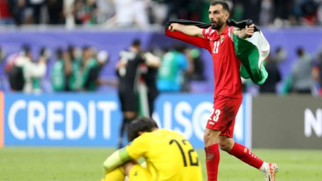 Pemain Timnas Yordania rayakan kemenangan lawan Timnas Irak