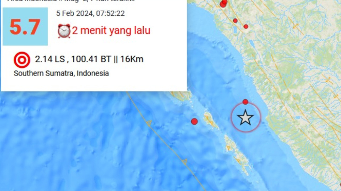 Peta gempa magnitudo 5.7 Pesisir Selatan