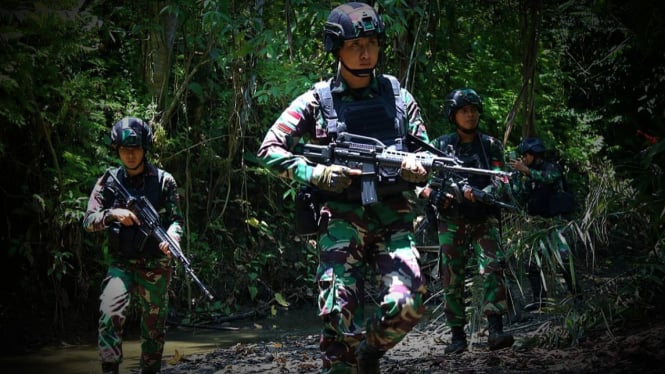 VIVA Militer: Pasukan tempur Raider 300 Siliwangi di hutan Papua.