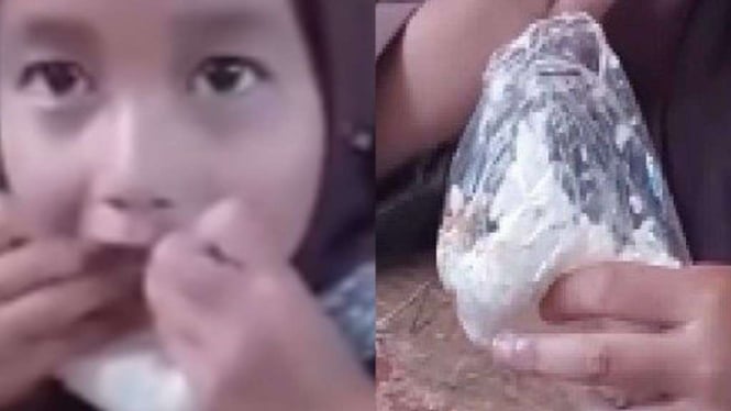 Bocah SD makan nasi tanpa plastik