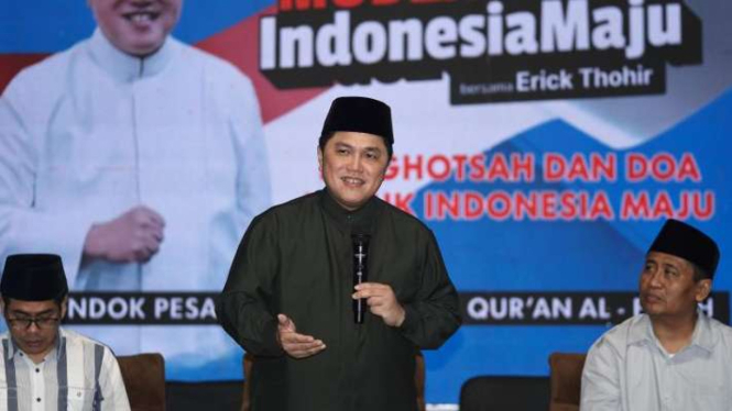 Ketua nonaktif Lakpesdam NU Erick Thohir saat silaturahmi di pesantren Desa Ploso, Kecamatan Mojo, Kabupaten Kediri, Jawa Timur, Selasa, 6 Februari 2024.