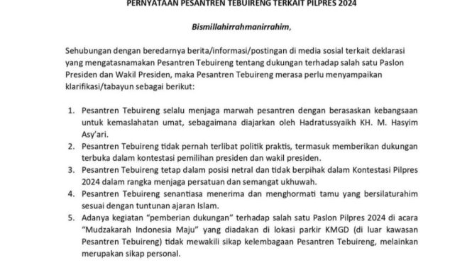 Klarifikasi Pesantren Tebuireng sebagai bantahan atas kabar dukungan pada Prabowo-Gibran. (Istimewa)