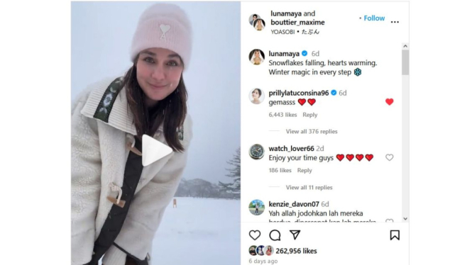 Unggahan Instagram Luna Maya dan Maxime Bouttier dikomentari Prilly Latuconsina