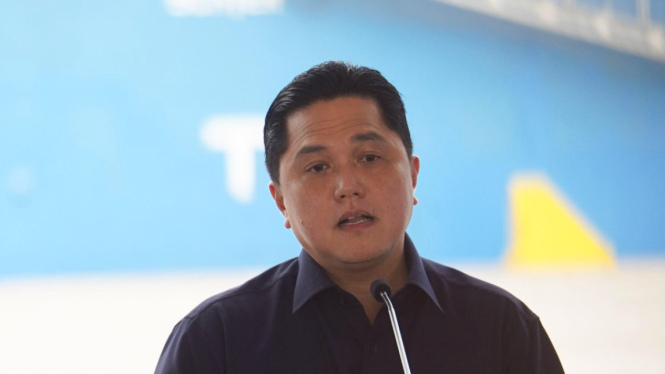 Menteri BUMN Erick Thohir memberikan sambutan dalam acara Peresmian Makassar New Port, Kamis, 22 Februari 2024.