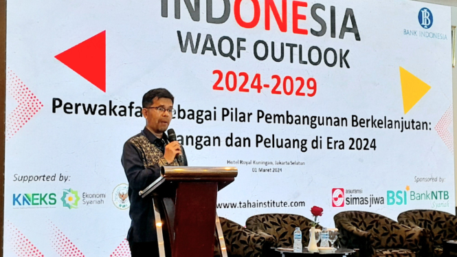 Direktur Departemen Ekonomi dan Keuangan Syariah Bank Indonesia (BI), Rifki Ismal, dalam diskusi 'Indonesia Waqf Outlook 2024' yang digelar Taha Institute di kawasan Kuningan, Jakarta Selatan, Jumat, 1 Maret 2024.