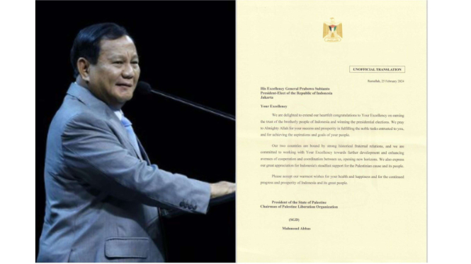 Presiden Palestina Ucapkan Selamat untuk Prabowo Ungguli Pilpres 2024