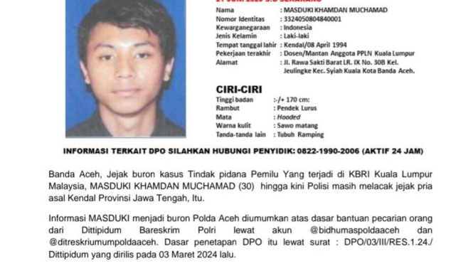 Warga Aceh Jadi DPO Kasus Manipulasi Daftar Pemilih Pemilu di Malaysia. (Dok. Polda Aceh)