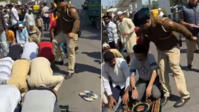 Polisi India Terekam Kamera Tendang Jamaah Muslim yang Sedang Sholat