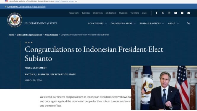 Prabowo Dapat Ucapan Selamat sebagai Presiden Terpilih dari Menlu AS Blinken