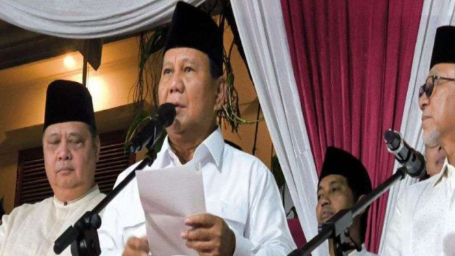 Capres Prabowo Subianto konferensi pers usai dinyatakan menang Pilpres 2024.