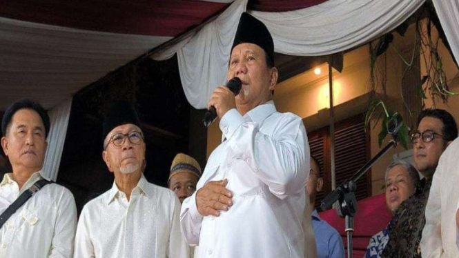 Capres Prabowo Subianto konferensi pers usai dinyatakan menang Pilpres 2024.